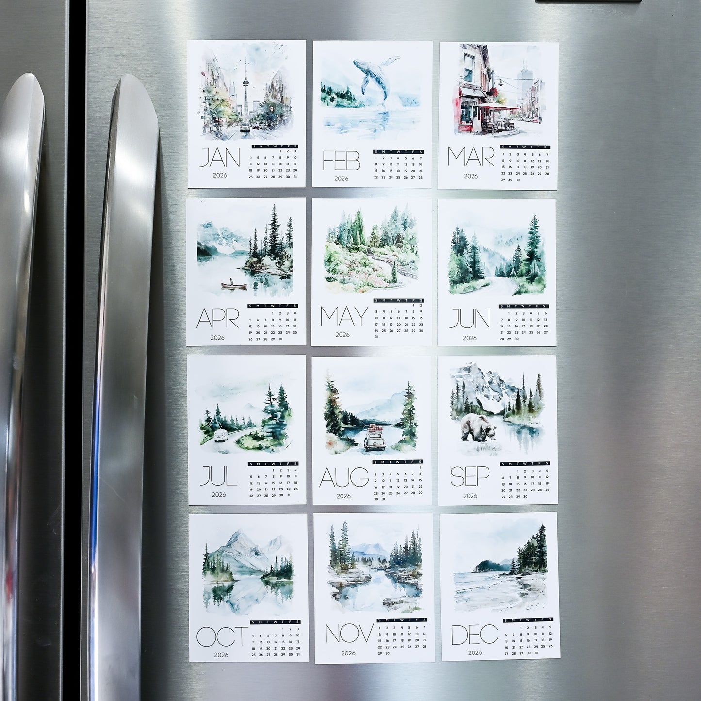 Custom Photo Magnet Calendars for each month on a refrigerator door