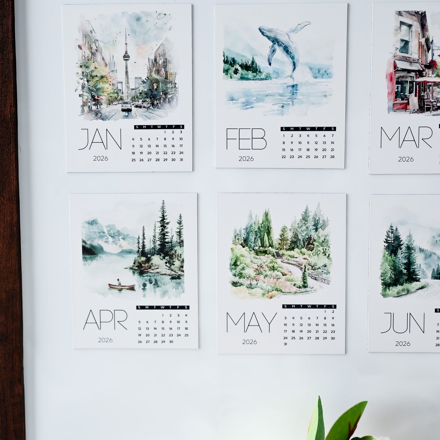 Photo Magnet Calendar with scenic images for January to June 2025 on a white board.