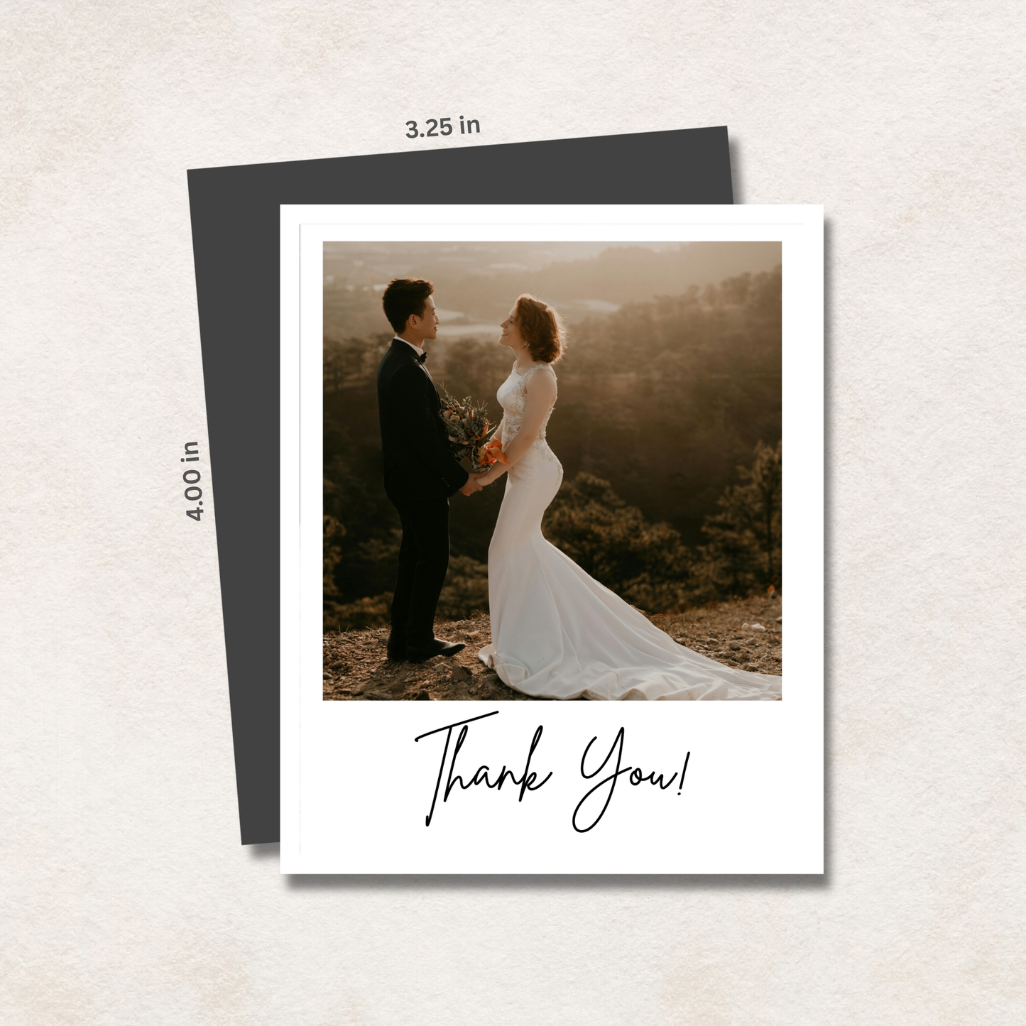 Photo magnet with a couple on a mountain and 'Thank You!' text, with dimensions indicated.