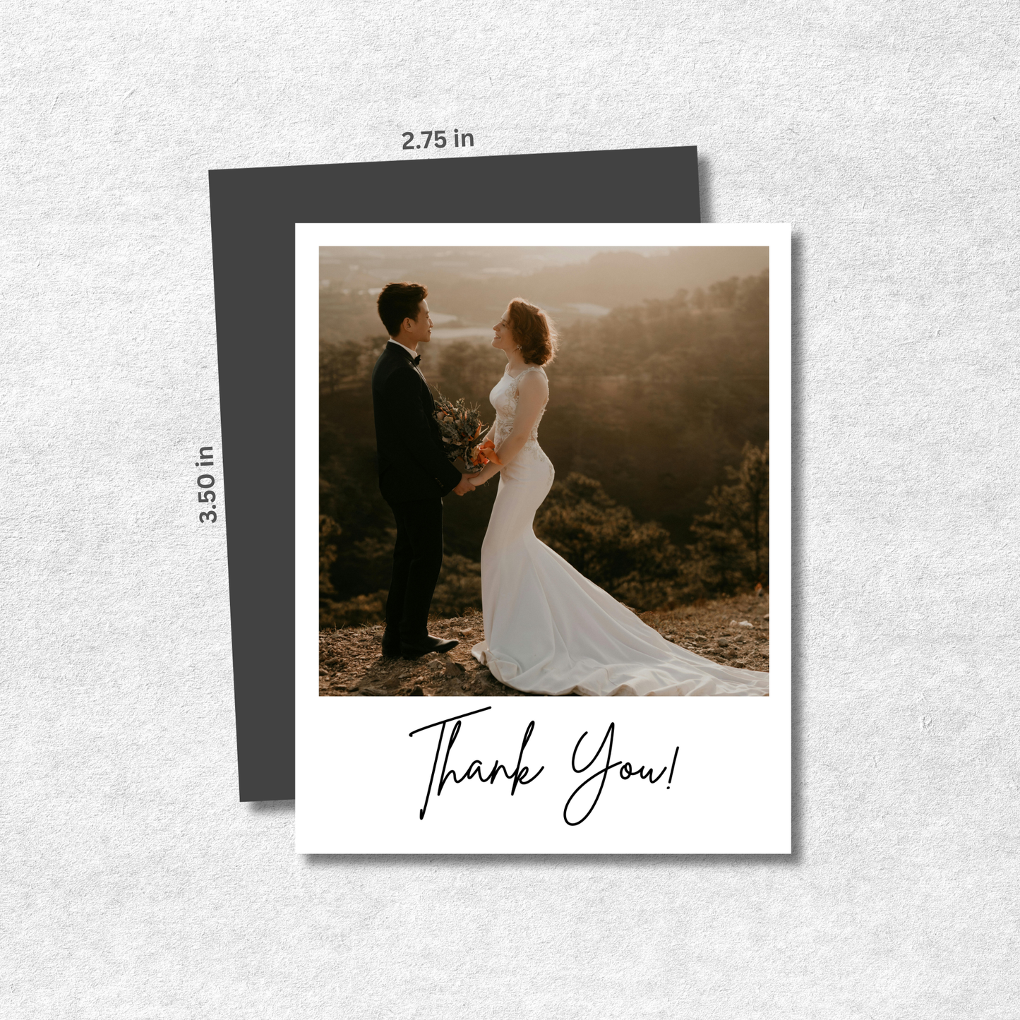 Photo Magnet with a photo of a couple and 'Thank You!' text, on a textured gray background.