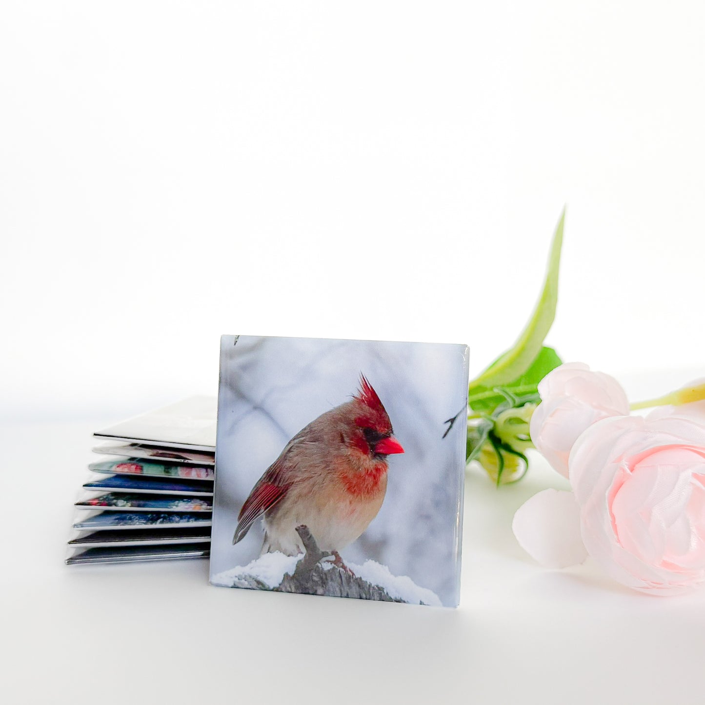 Photo magnet with a red bird design on a white surface with flowers and photo magnet stack in the background