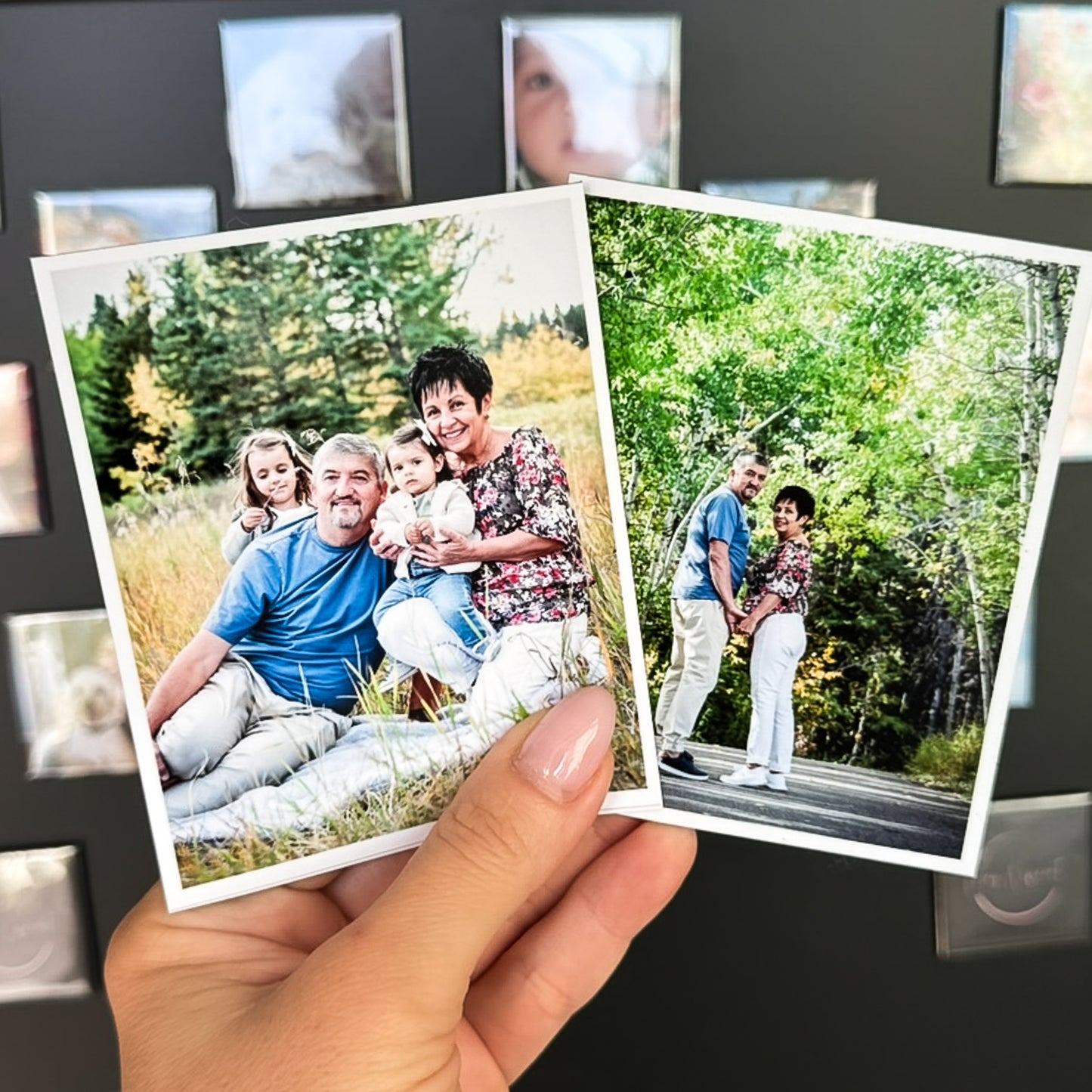Two family photos magnets held by a hand with a blurred photo magnet on a board in the background