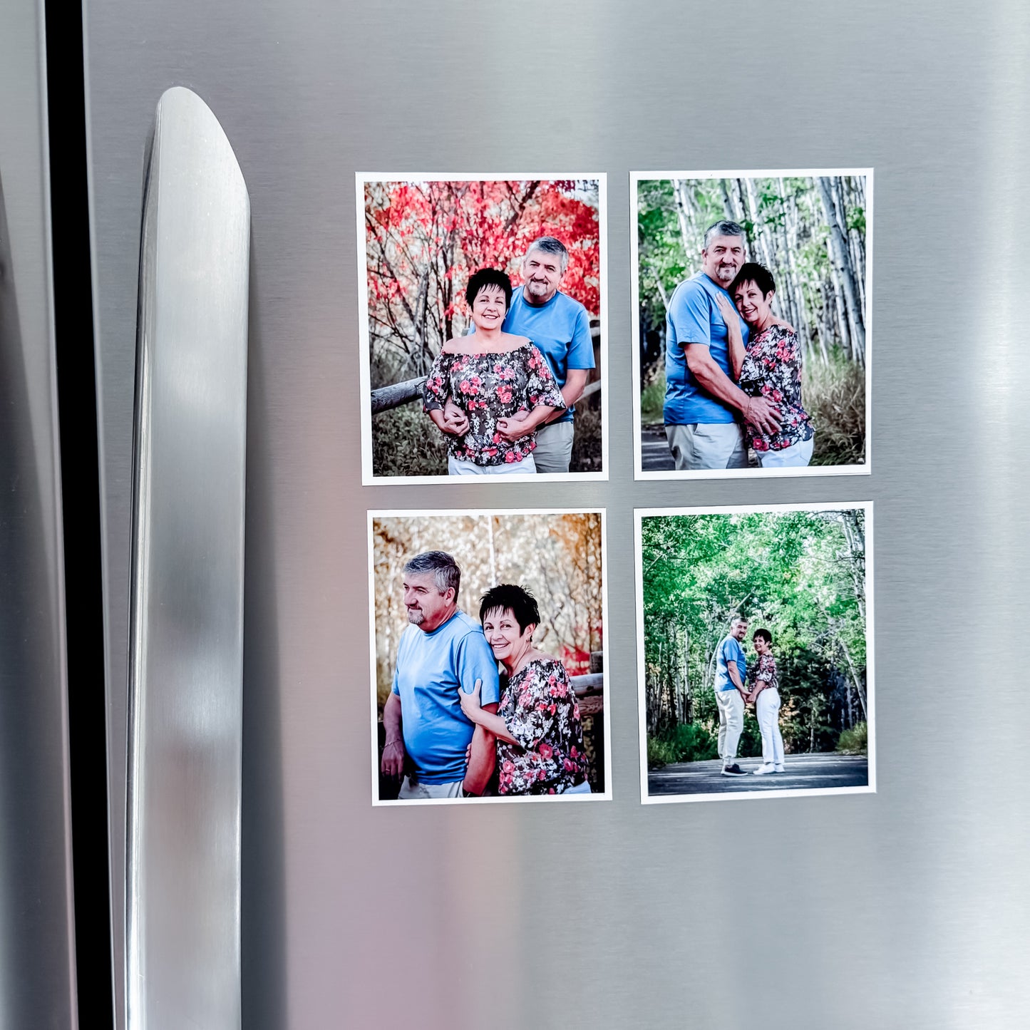 Four family photo magnets on a refrigerator door