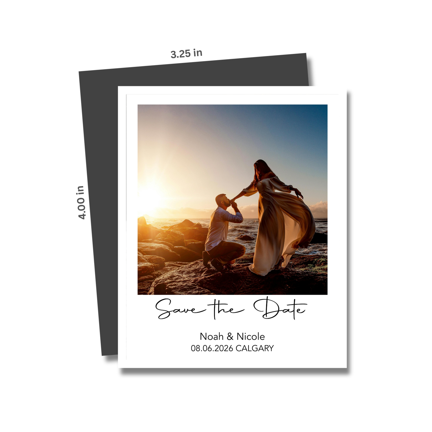 Save the Date card with a couple at sunset on a beach, dimensions indicated.
