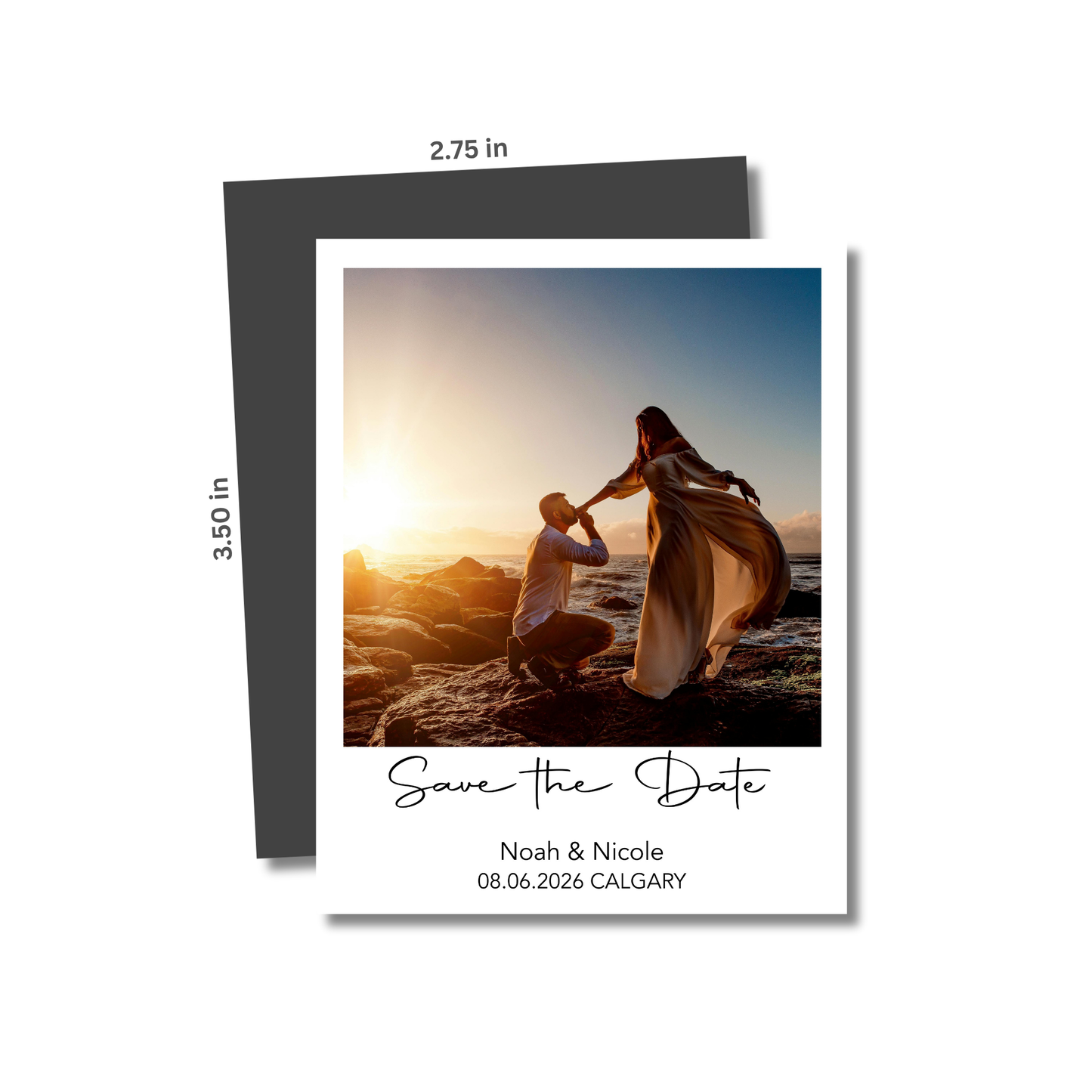 Save the Date card with a couple at sunset, dimensions indicated, on a white background