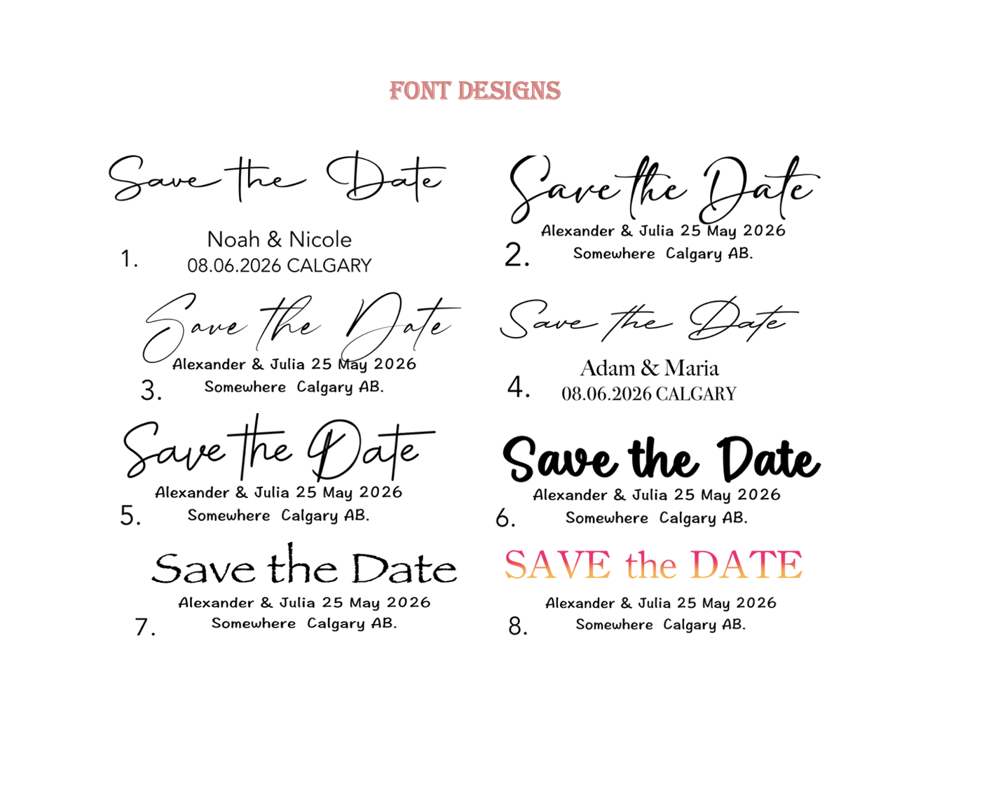 Collection of 'Save the Date' photo magnet designs with various font styles and text placements.