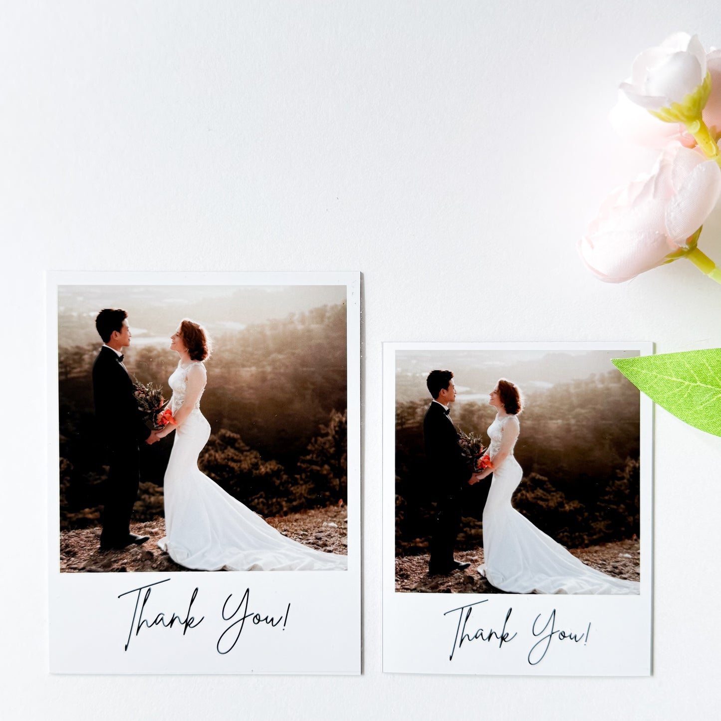 Two wedding photos magnets of a couple with 'Thank You!' text on a white background.