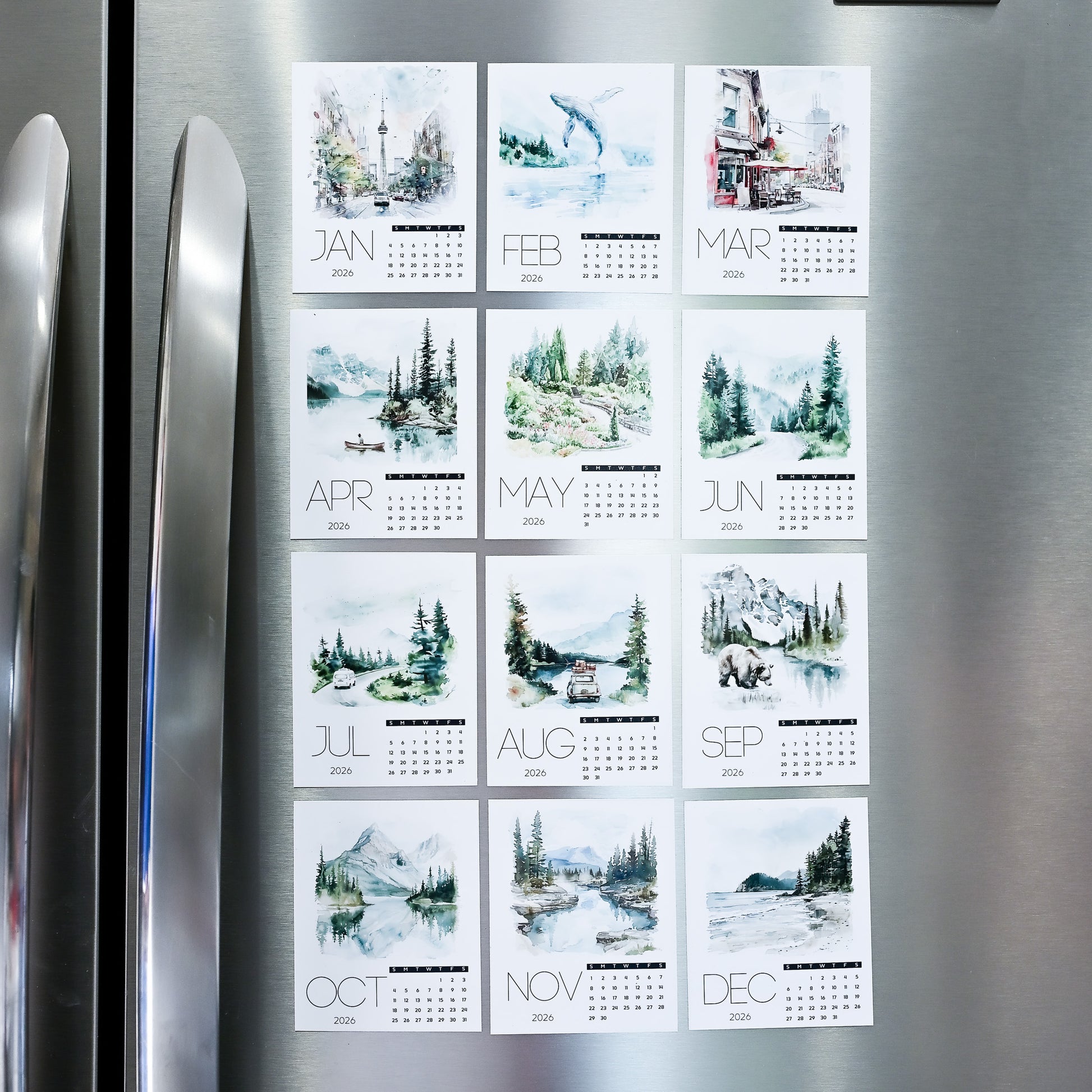 Custom Photo Magnet Calendars for each month on a refrigerator door