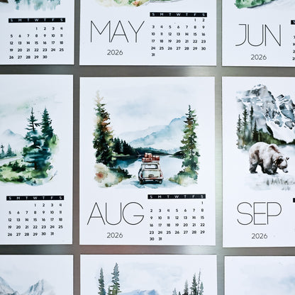  Custom Photo Magnet Calendar grid showing months from May to September 2026 with scenic illustrations.