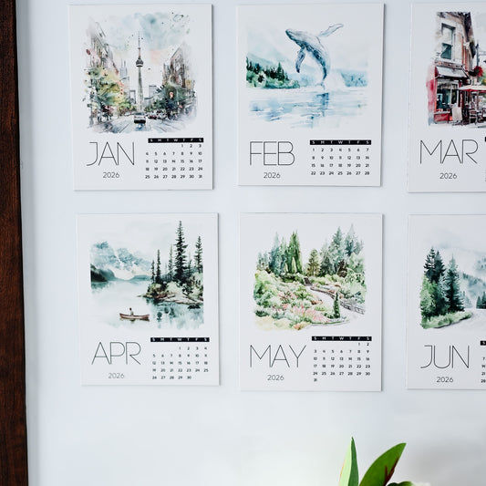 Photo Magnet Calendar with scenic images for January to June 2025 on a white board.