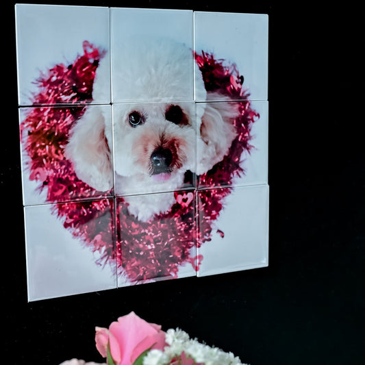 Collage of a dog with a heart-shaped wreath on a black background, with pink flowers in the foreground.