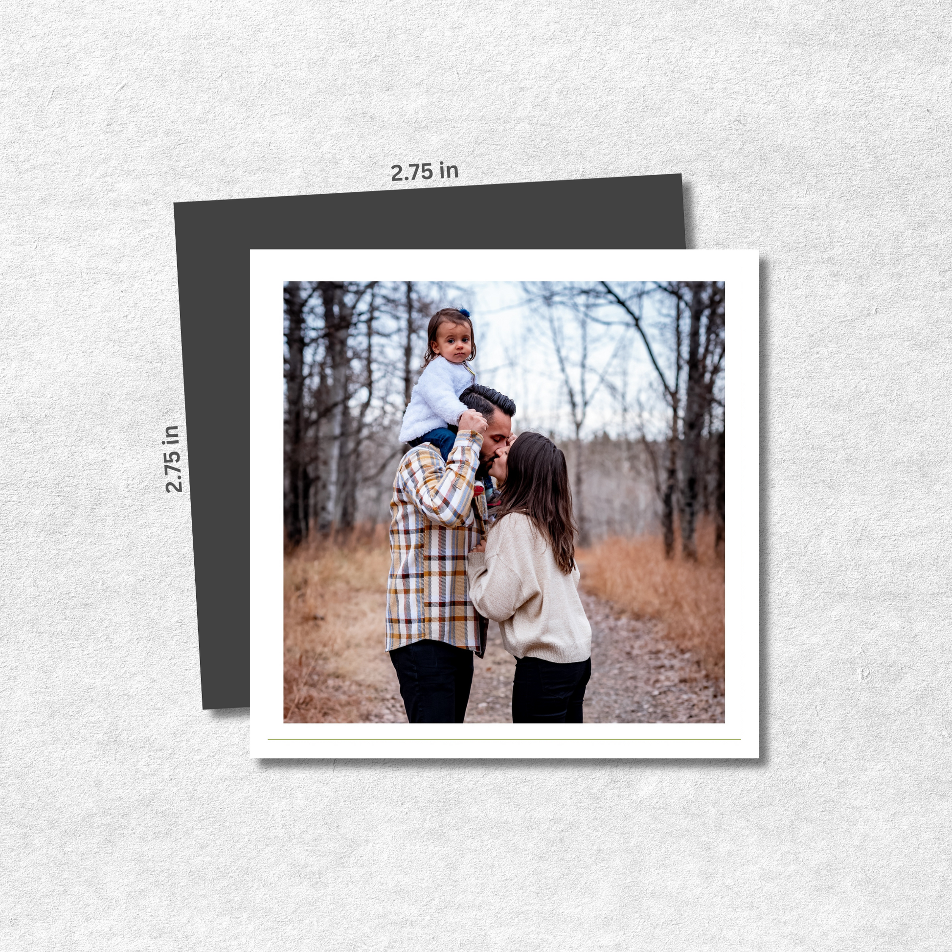 Family photo  magnet with dimensions on a textured gray background