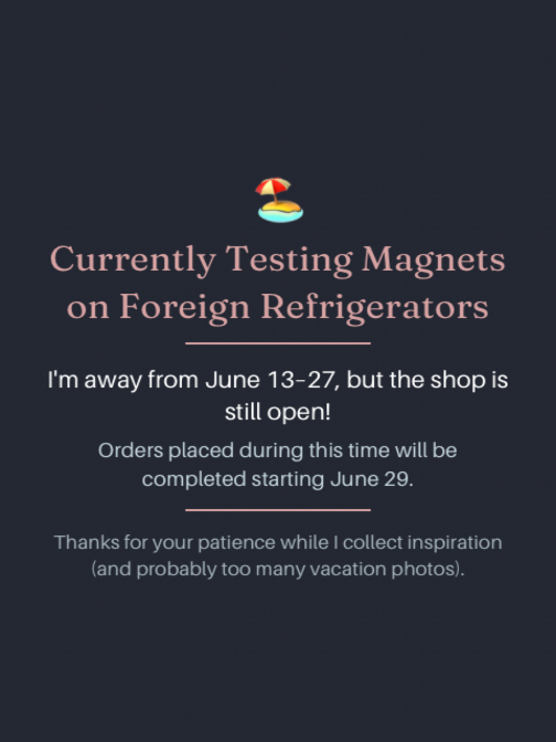 Vacation announcement graphic stating that orders will be processed after June 29th while the shop is on vacation June 13 to June 27