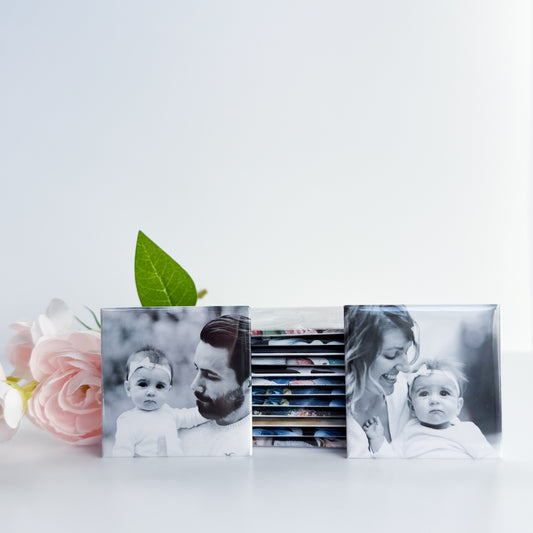 Custom photo magnets with family photos on a white background