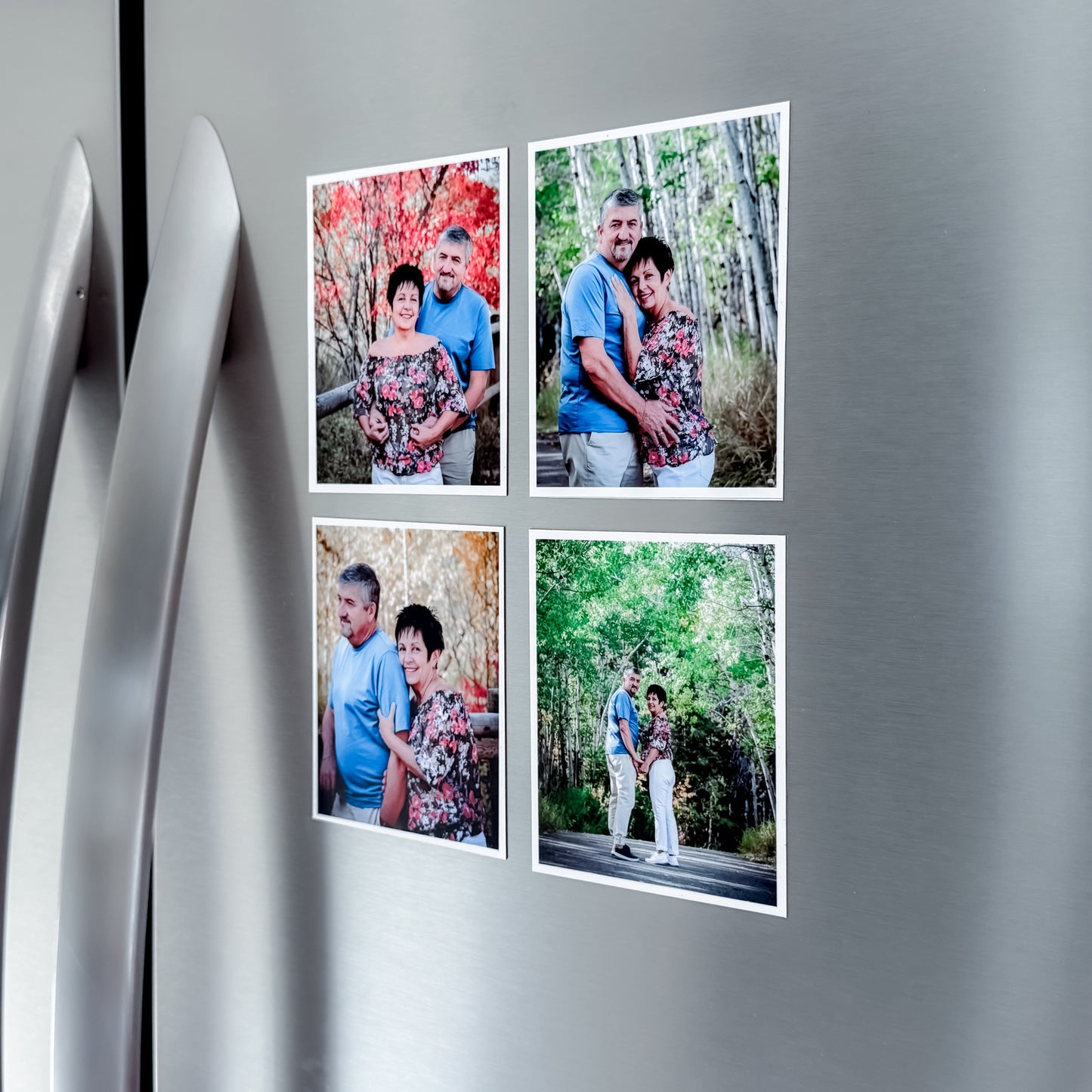 Four photo magnets on a refrigerator with a family in various outdoor settings.