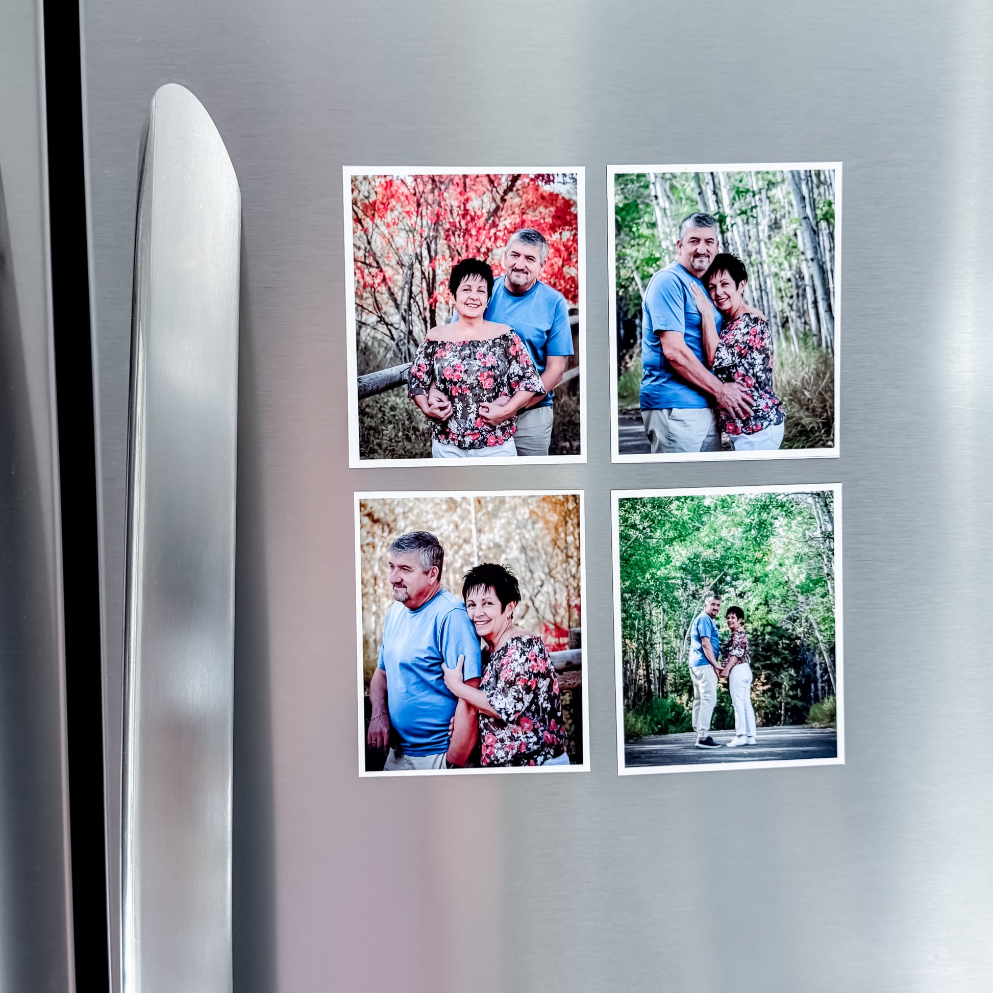 Four family photo magnets on a refrigerator door