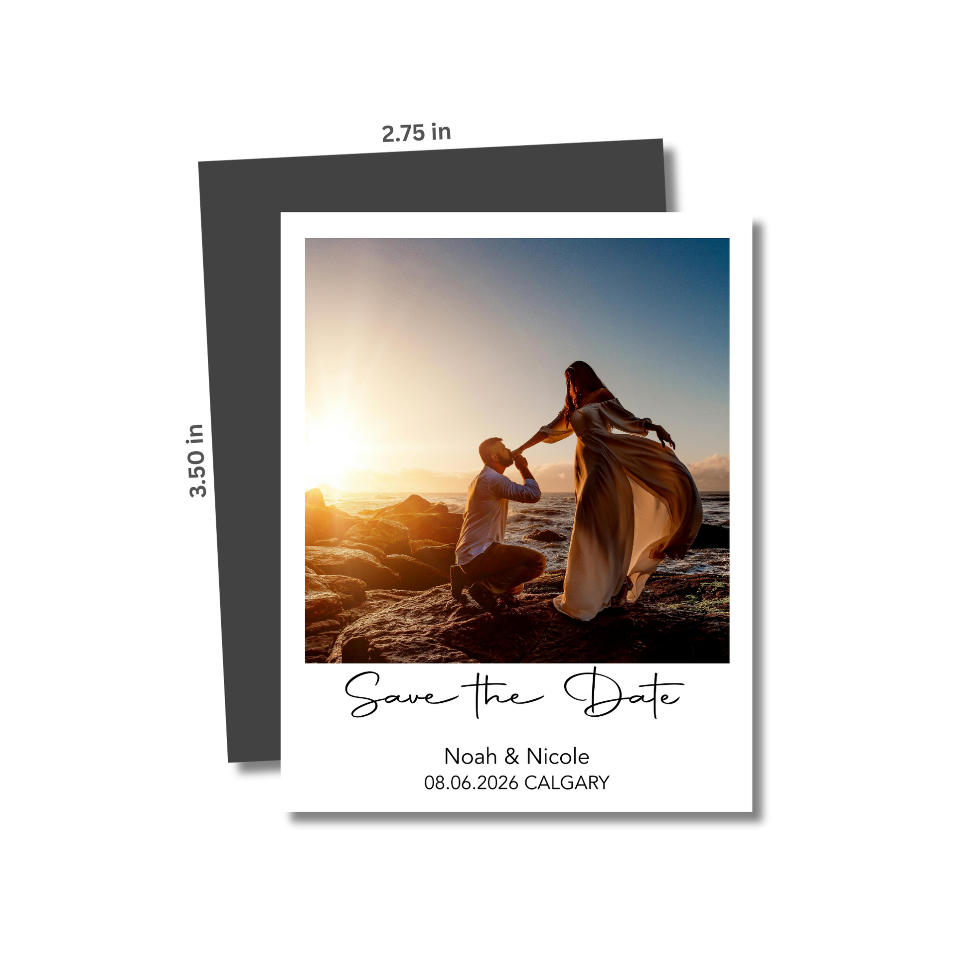 Save the Date card with a couple at sunset, dimensions indicated, on a white background