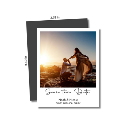 Save the Date card with a couple at sunset, dimensions indicated, on a white background