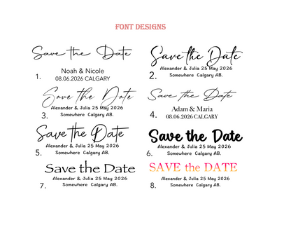 Collection of 'Save the Date' photo magnet designs with various font styles and text placements.