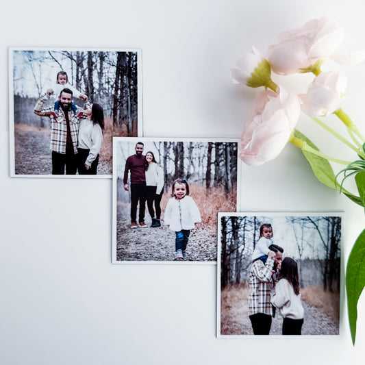Collage of family photos magnets on a white magnetic board with a flower arrangement.
