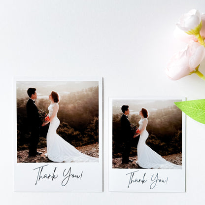 Two wedding photos magnets of a couple with 'Thank You!' text on a white background.